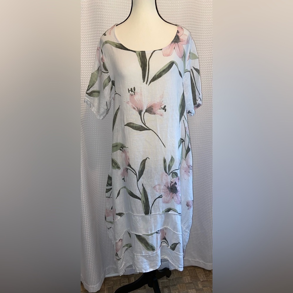 LUNGO L’ARNO made in Italy 100% linen floral floral midi dress size medium